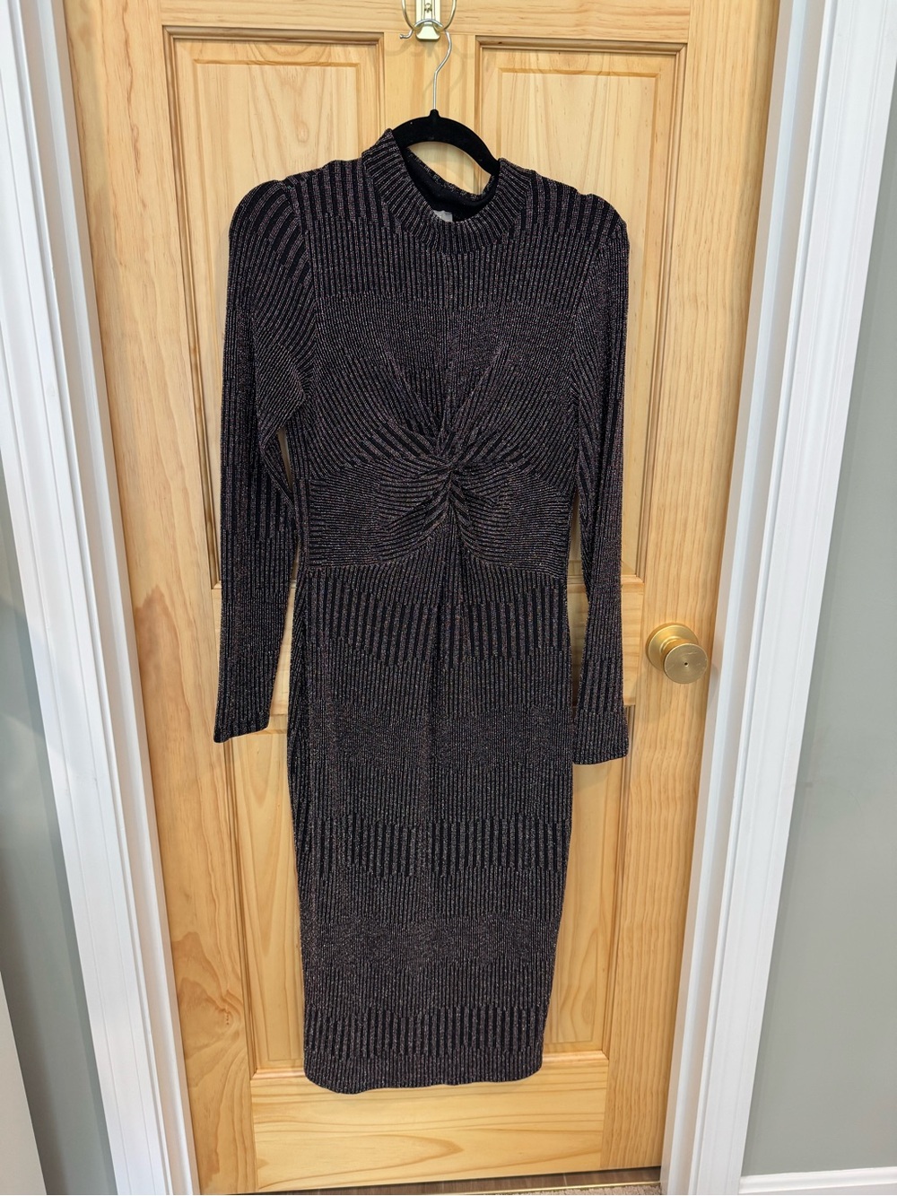 ASOS Long Sleeve Twist-Front Ribbed Knit Dress in Black w/ Rainbow Metallic